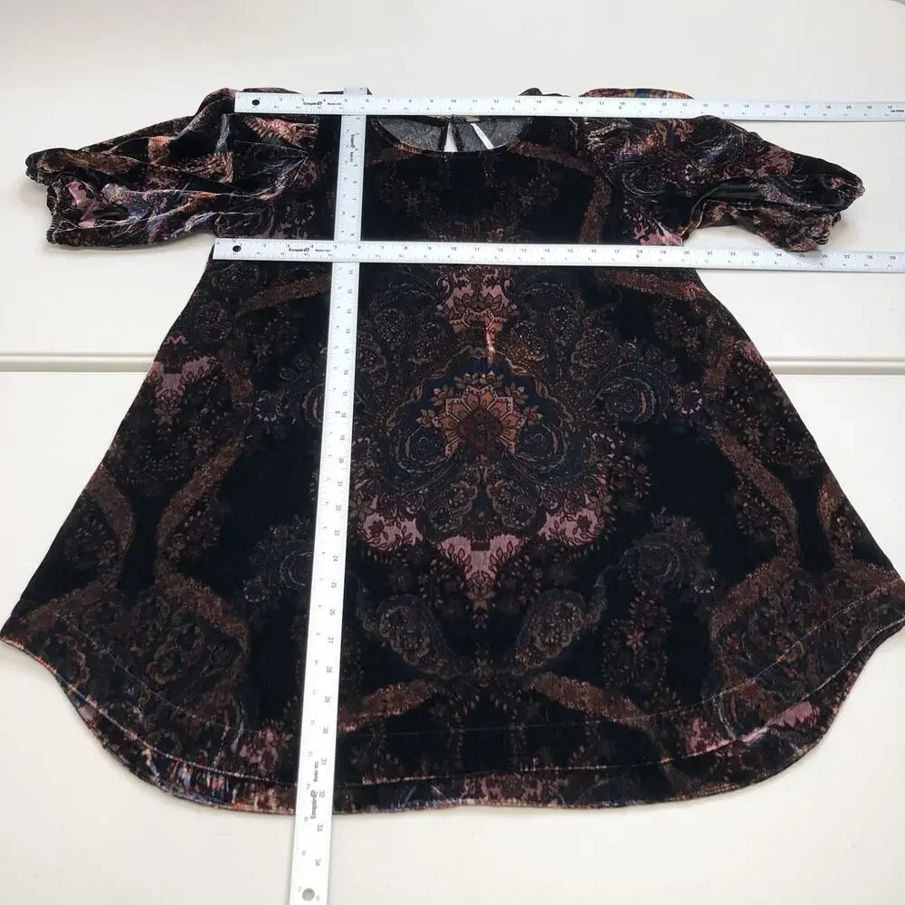 FREE PEOPLE Maye Puff Sleeve Printed Velvet Tunic Medium Dark Black OB1584852